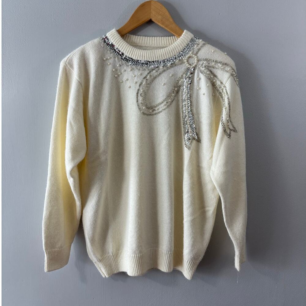 Vintage 80's Cream Beaded Bow Sweater Alfred Dunner Size 38/Large